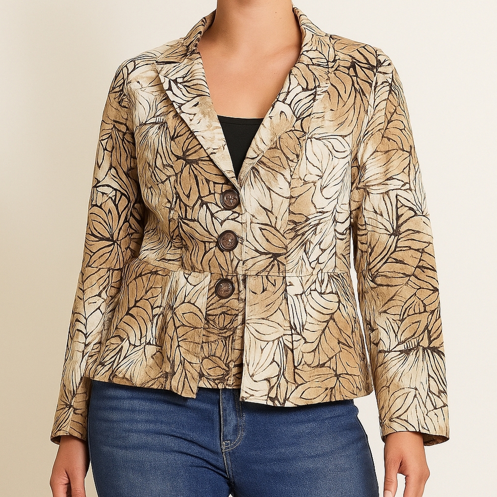 Women's Size 14 Blazer Jacket Neutral Leaf Print Button Career Work Office Wear